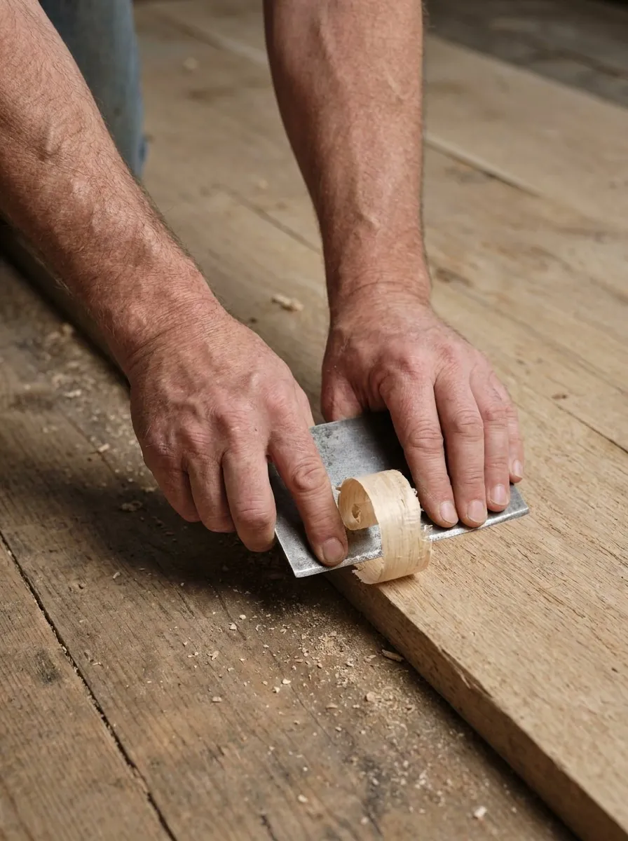 Bare hands running a card scraper along the edge of a white oak floor board