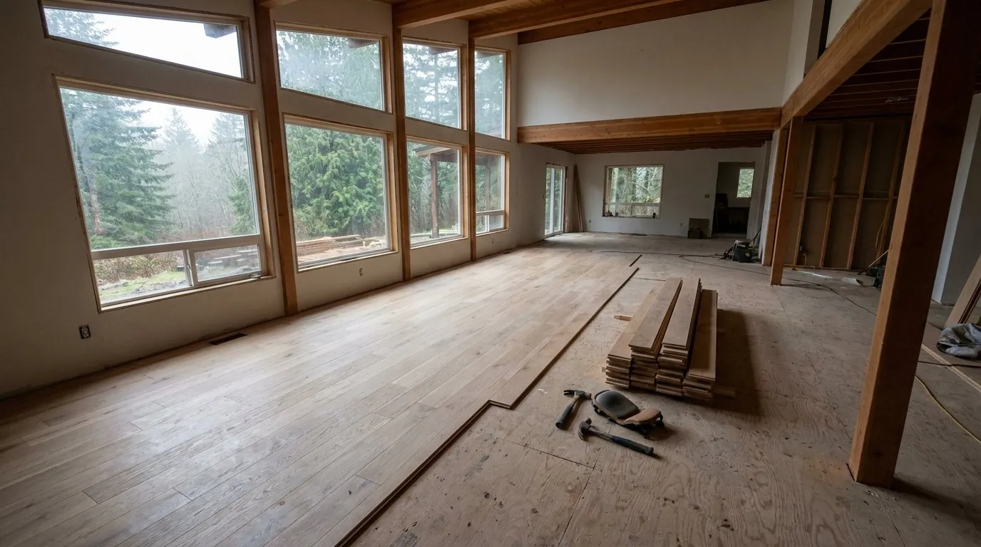 A large open plan home mid project with hardwood partly laid across the main level