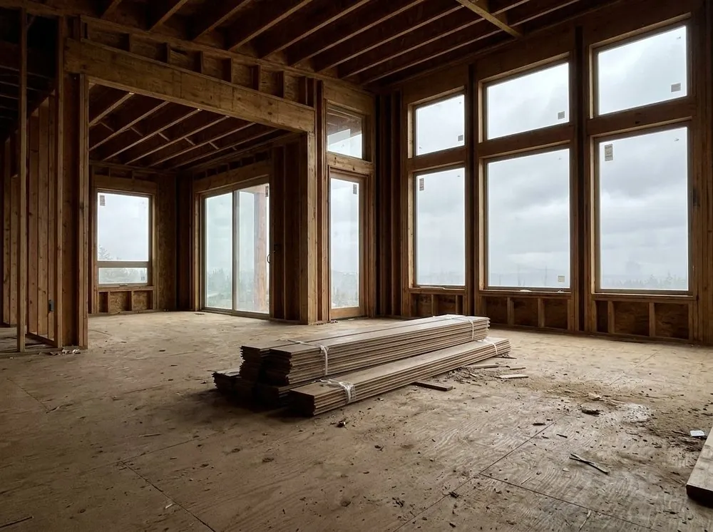 Interior of a custom home under construction with wide plank white oak staged on the subfloor