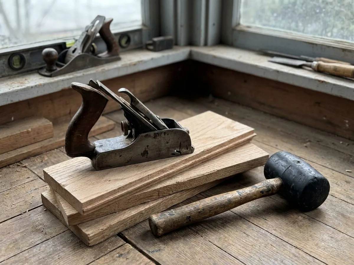 A worn hand plane and mallet resting on oak boards in a workshop window