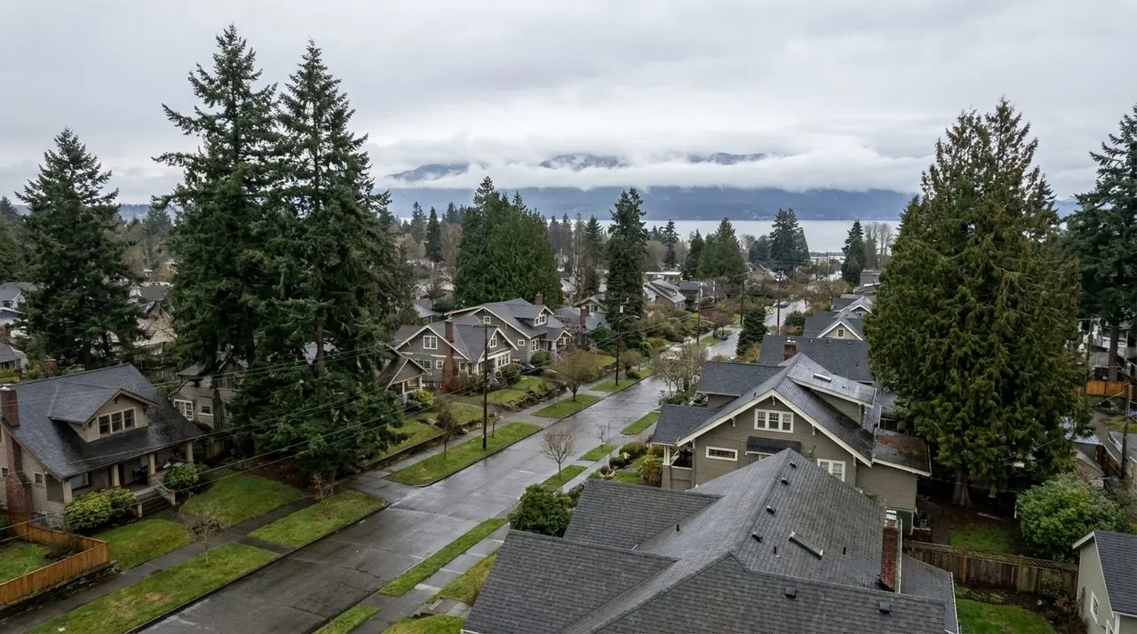 Elevated view across a Pacific Northwest residential neighborhood after rain