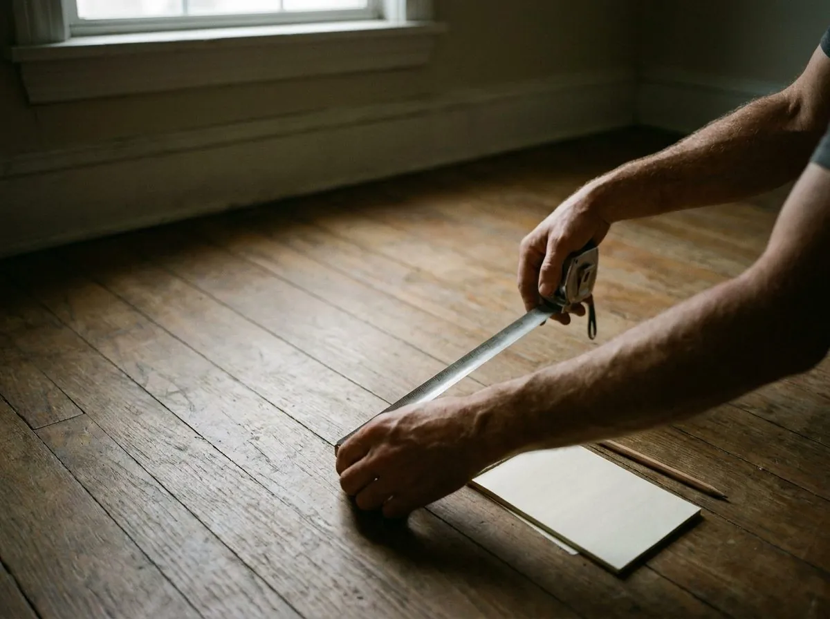 A tape measure pulled across bare hardwood boards beside a notepad and pencil