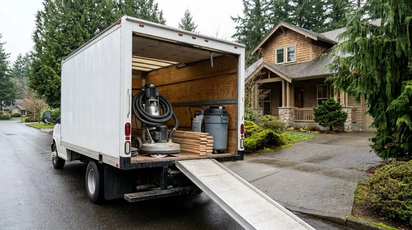 An unmarked box truck on a driveway with flooring equipment loaded in the back