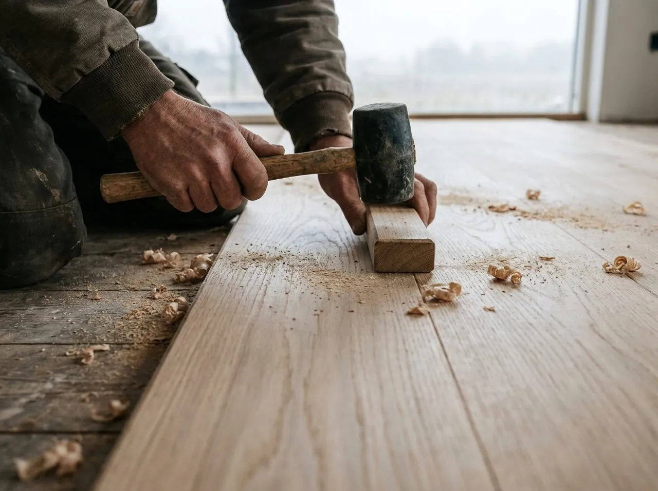 Seating a white oak plank with a mallet and tapping block