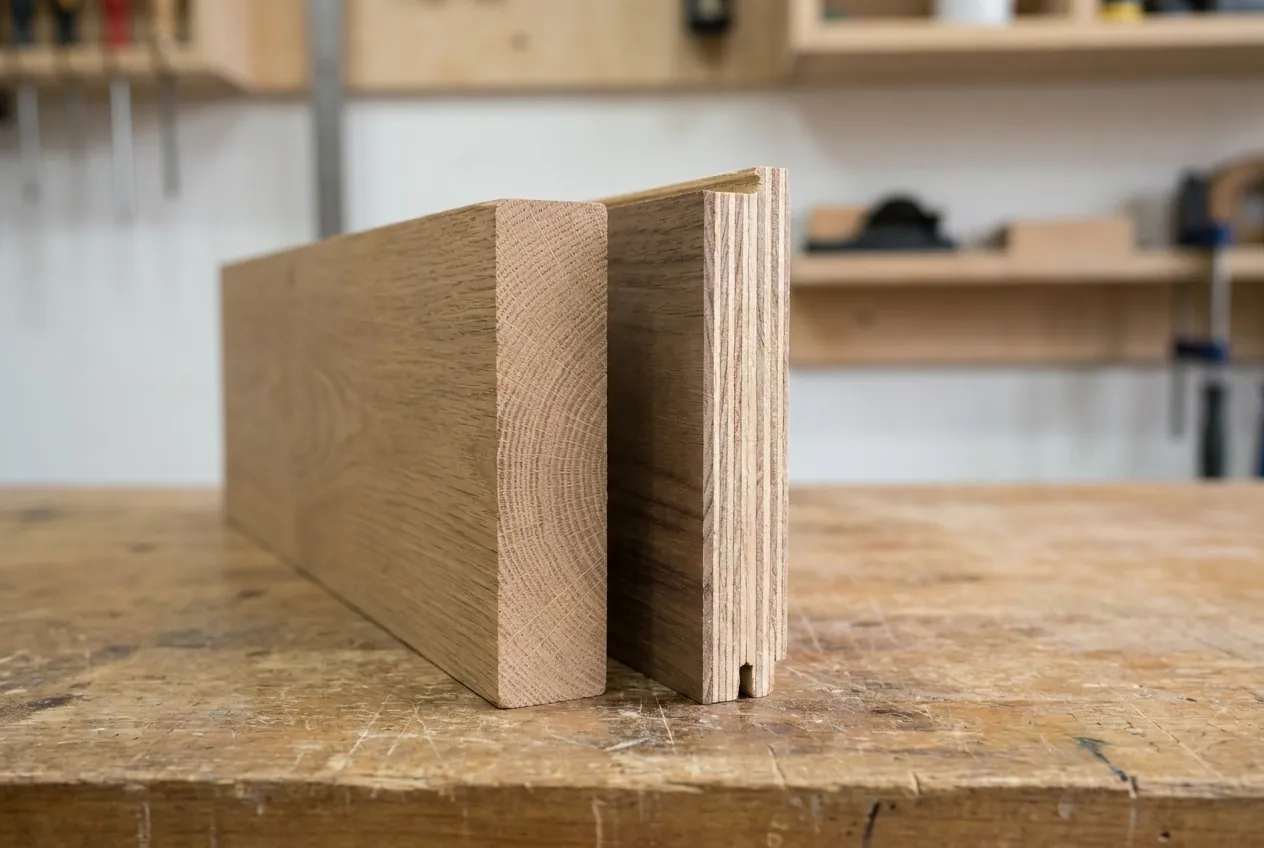 Cut ends of a solid board and an engineered board side by side