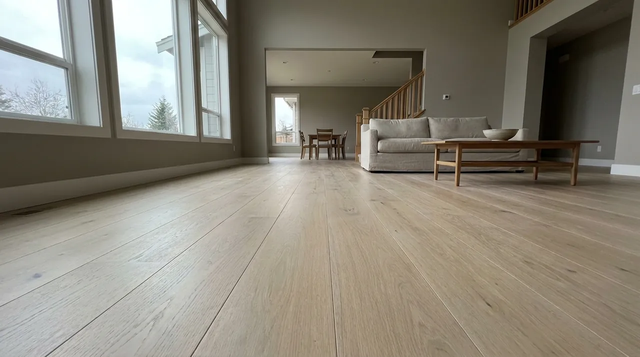 Completed wide plank white oak floor in an open living space