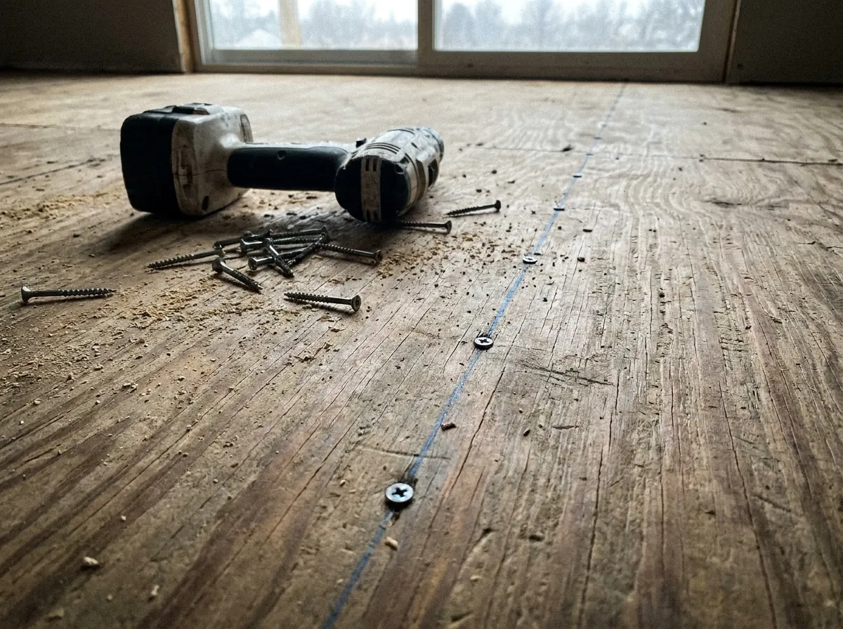 Screws driven along a chalk line in a plywood subfloor