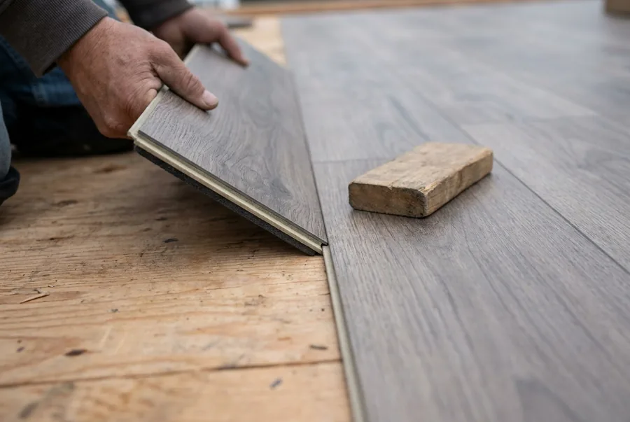 The edge of a luxury vinyl plank showing the solid core and click-lock profile
