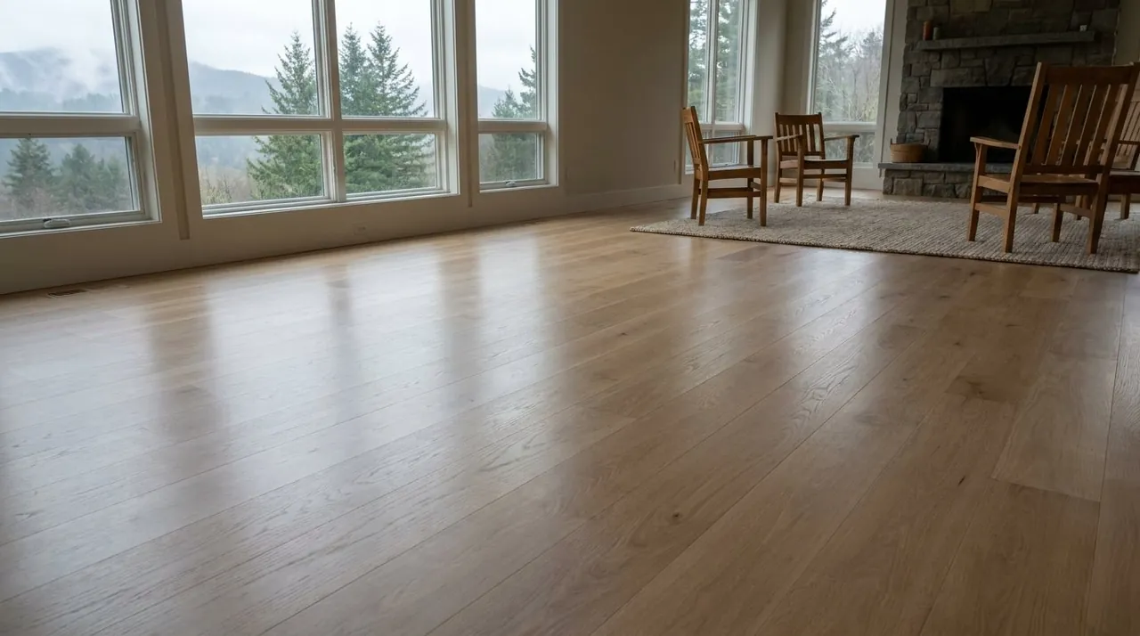 Freshly refinished white oak floor in a large open living room