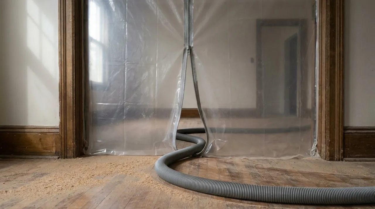 A doorway sealed with zippered plastic sheeting and a dust extraction hose