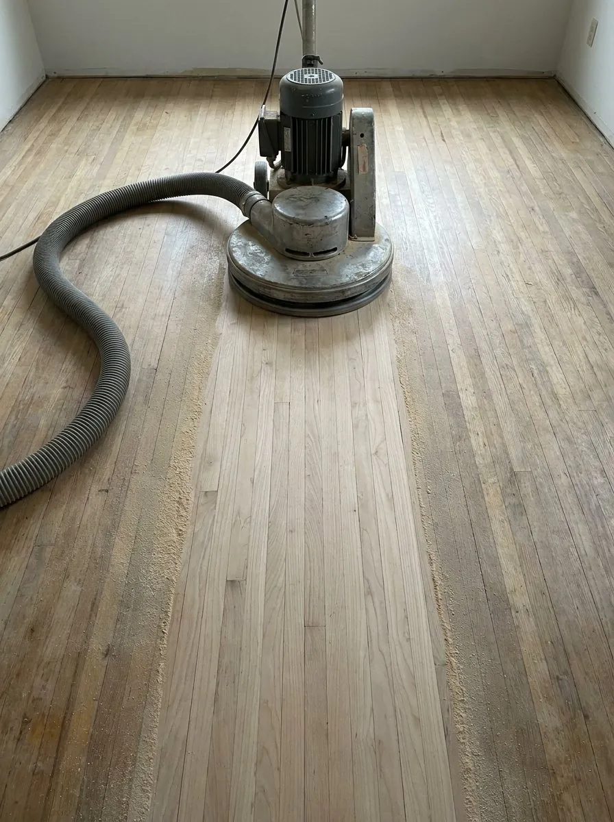 Planetary sander working a pale sanded path across a hardwood floor