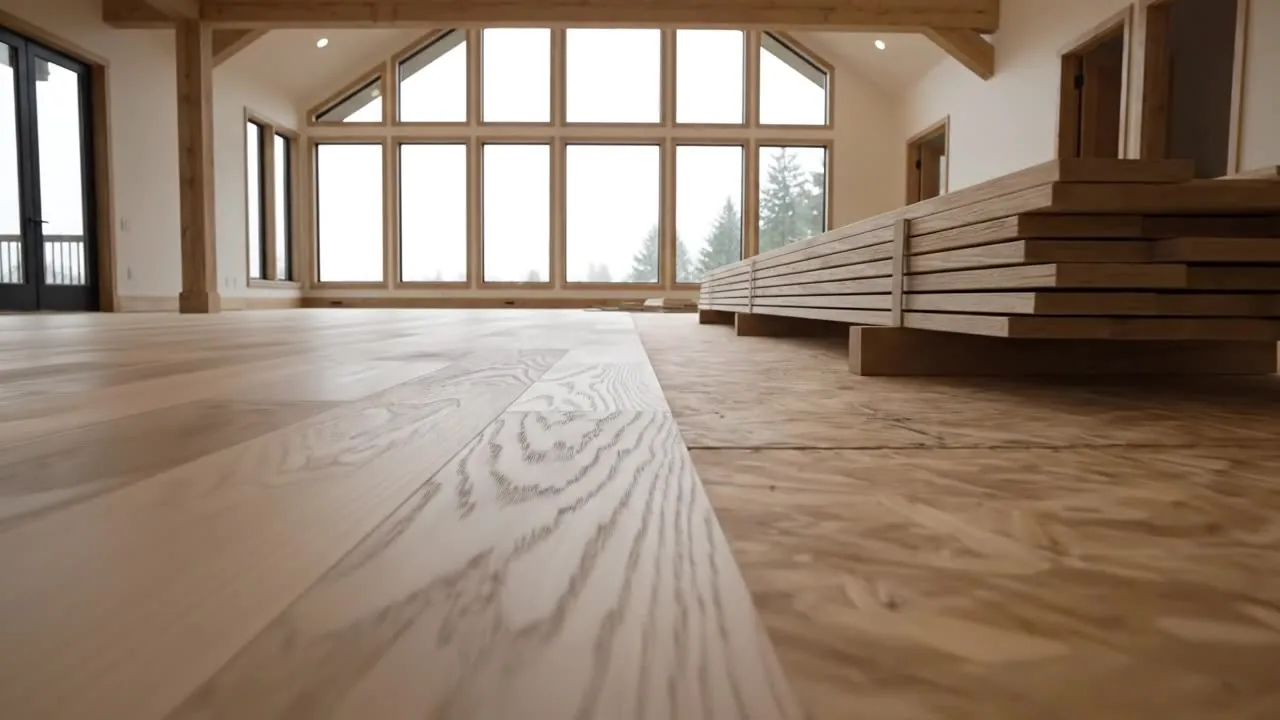 Wide plank white oak part way through installation in an open great room