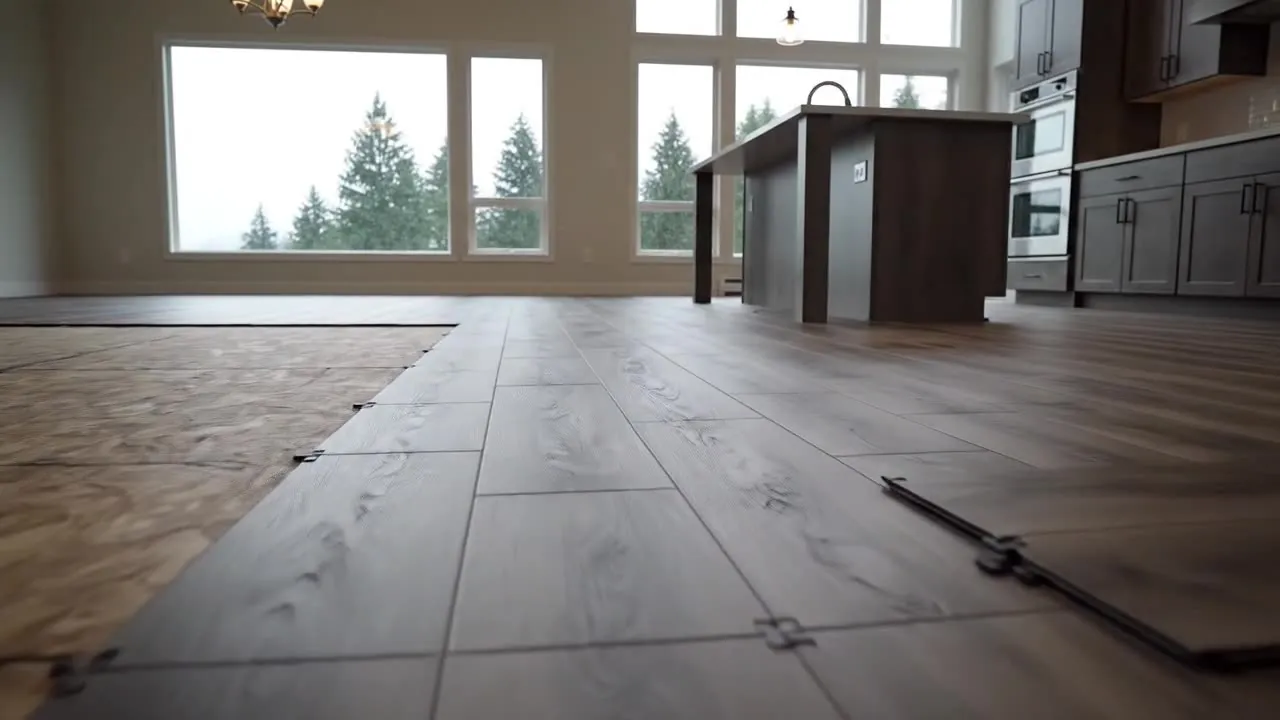 Luxury vinyl plank part way through installation in a large open living area