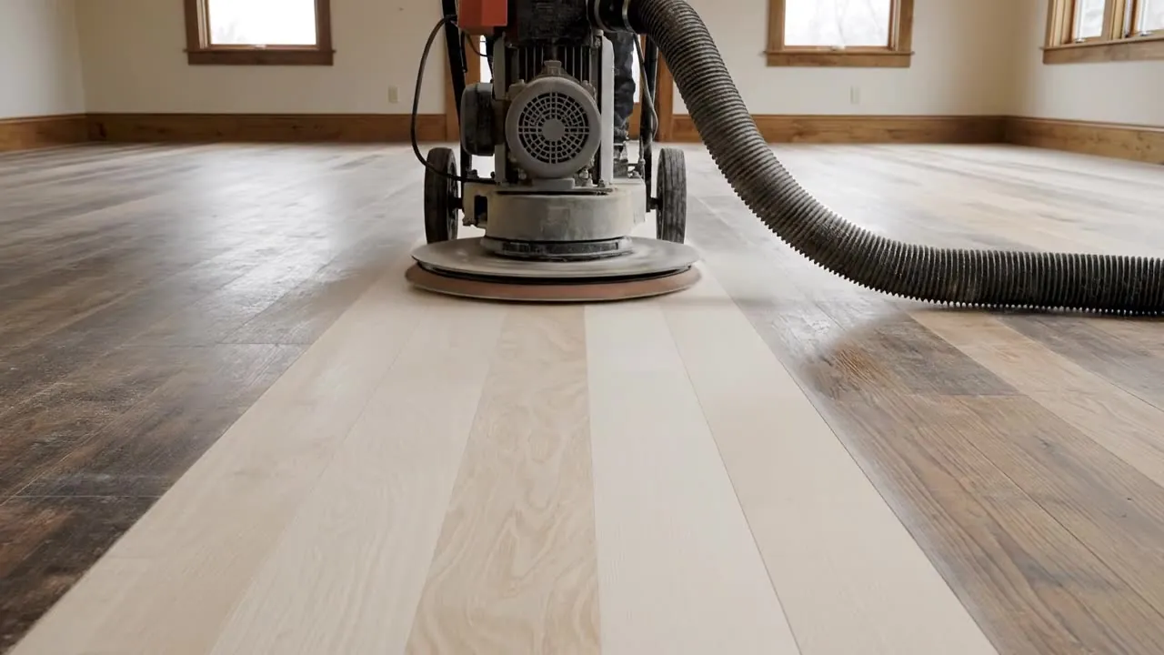 Sanded and unsanded hardwood meeting along the sanding line
